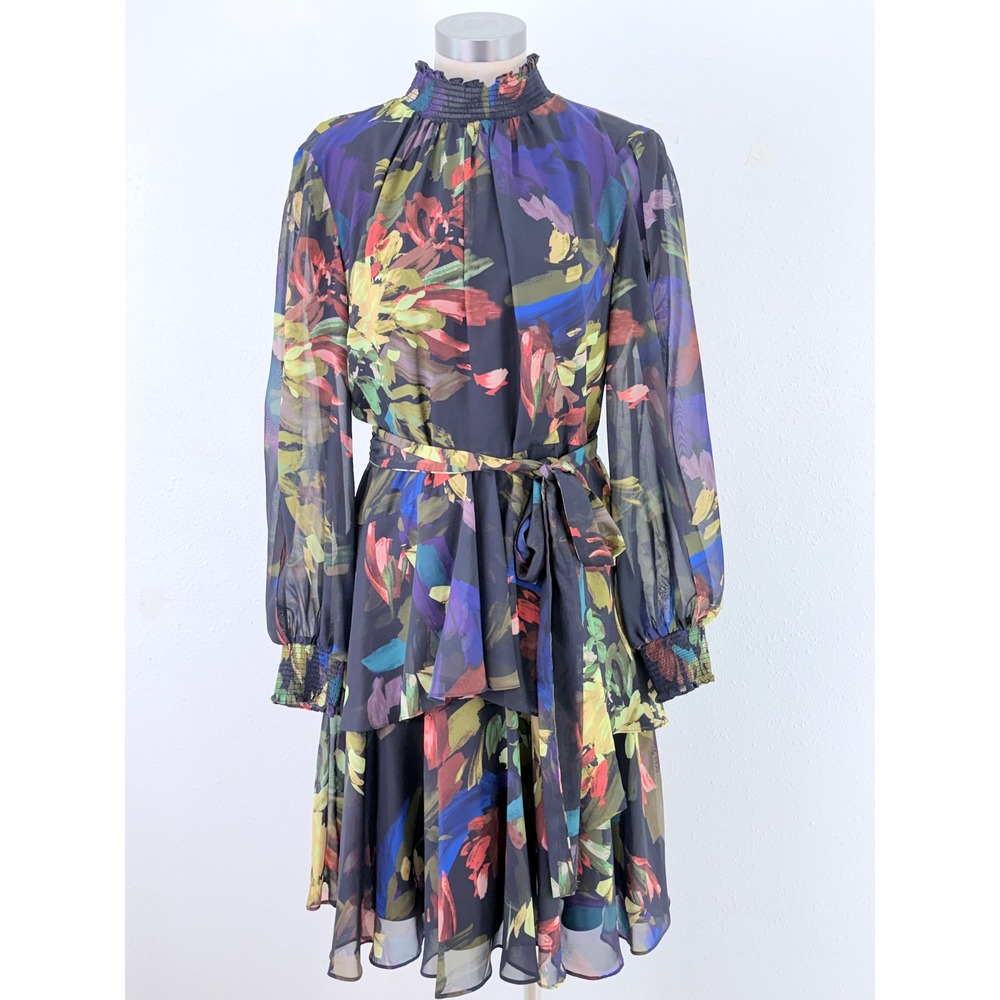 Alex Marie Floral Chiffon Smocked Mock Neck Sheer Sleeve Dress Navy 8